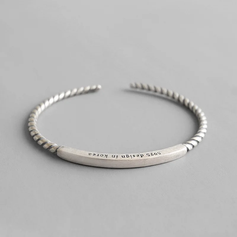 St022 Korean S925 pure silver simple retro made old Twist Rope square tube retro silver bracelet bracelet
