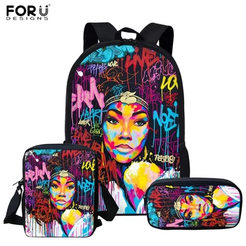 

FORUDESIGNS African Woman Art Afro Queen Printed School Bags Set for Girls Children Kids School Bag Book Bag Women Backpack