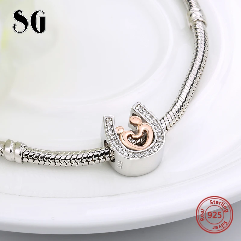 Sg 925 Silver Diy Horseshoe Charms Mom and Kid Hand in Hand Beads with Cz Fit Original Europe Bracelet Fashion Jewelry Gifts