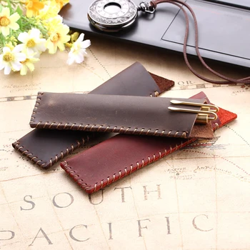 

Retro Genuine Leather Pencil Bag Cowhide Fountain Pen Case Holder Vintage Style Office Accessories For Travel Journal