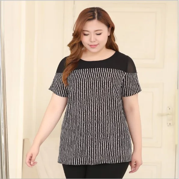 Женская одежда 10XL размера плюс корейские женские футболки новые летние свободные стильные сетчатые Лоскутные офисные полосатые футболки HJ781