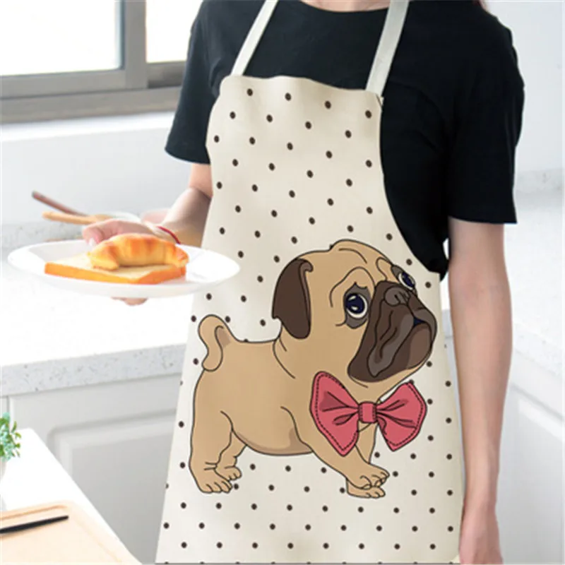 1Pc Cartoon Dog Kitchen Cooking Aprons For Women Chefs Baking Bibs Waterproof Cotton Linen Household Cleaning Apron Delantales