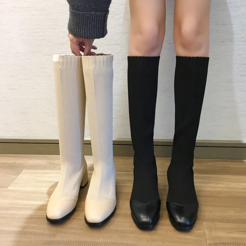

Women Fall Boots 2019 New Over The Knee Boots Women Fashion Sock Boots Slip On Sexy Boots Ladies Elegant Beige Black Boots