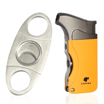 

COHIBA Set Butane Gas Lighters Torch 1 Jet Cigar Lighter Windproof Metal Cigar Cutter Sharp Pocket Cigars Cutting W/ Gift Box