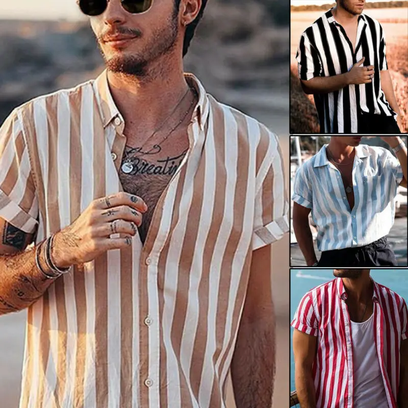 Hot Men Holiday Short Sleeve Shirt Tops Hawaiian Beach Summer Striped Button Turn-down Collar Casual Shirt Hot Men Holiday Short Sleeve Shirt Tops Hawaiian Beach Summer Striped Button Turn-down Collar Casual Shirt