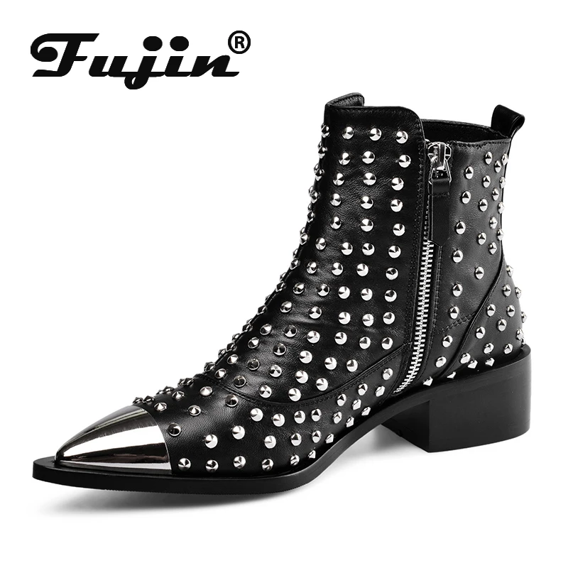 Модные мотоциклетные ботильоны из натуральной кожи с пряжкой и заклепками