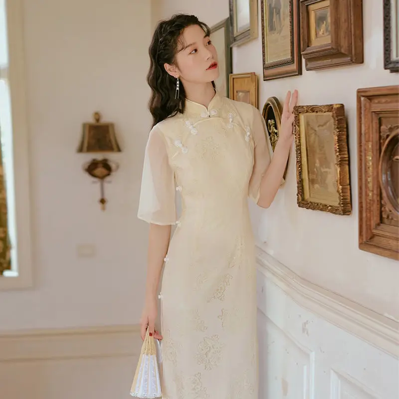 

Chinese Style Cheongsam Floral Dress Women Elegant Qipao Dress Women Vintage Cheongsam One-piece Dress Mesh Fairy Lace