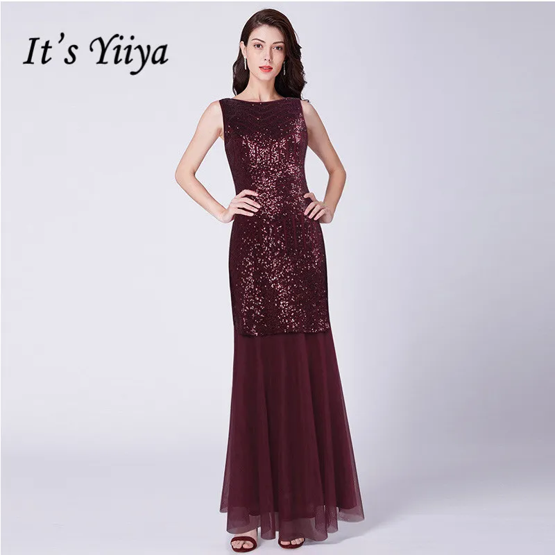 

It's Yiiya Evening Dress Mermaid O-Neck Sleeveless Evening Dresses Elegant Burgundy Formal Gowns Plus Size Robe De Soiree C423