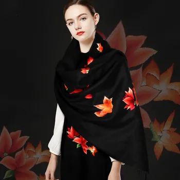 

Chinese Hand Embassy Thickened Double-Sided Embroidered Cashmere Shawl Women's Ethnic Dinner Black & Warm Scarf Gift Artwork