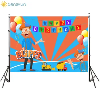 

Sensfun Excavator Blippi Background Boy's Birthday Party Photography Backdrop Balloon Ribbon Photo Booth Props 7x5FT Photocall
