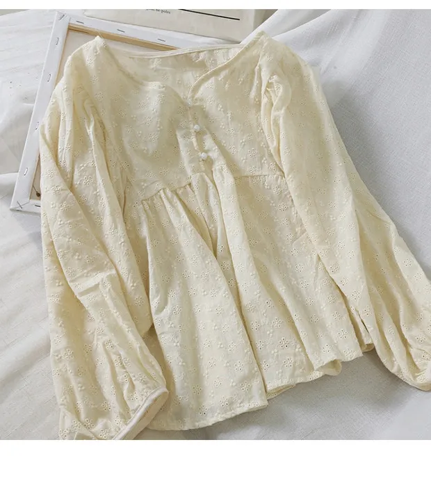 Coton and linen женская блузка, однотонная повседневная с круглым вырезом, с рукавами-фонариками, свободного кроя, с оборками, женские элегантные рубашки, верхняя одежда, топы