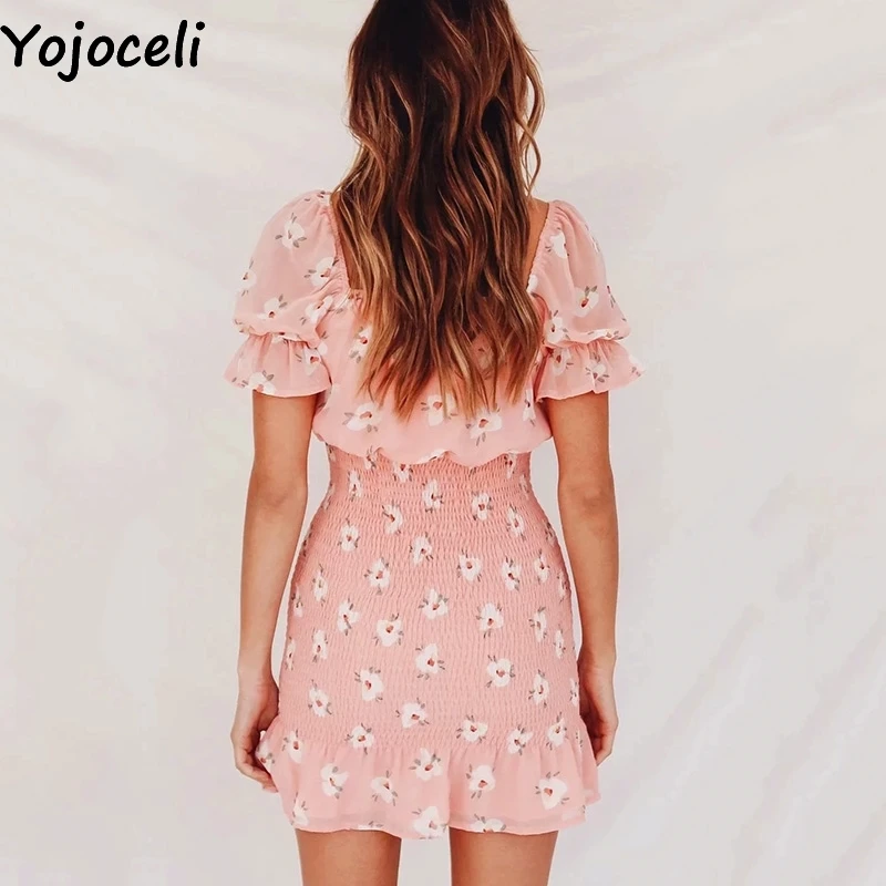 Женское Короткое платье Yojoceli облегающее пляжное с цветочным принтом и оборками