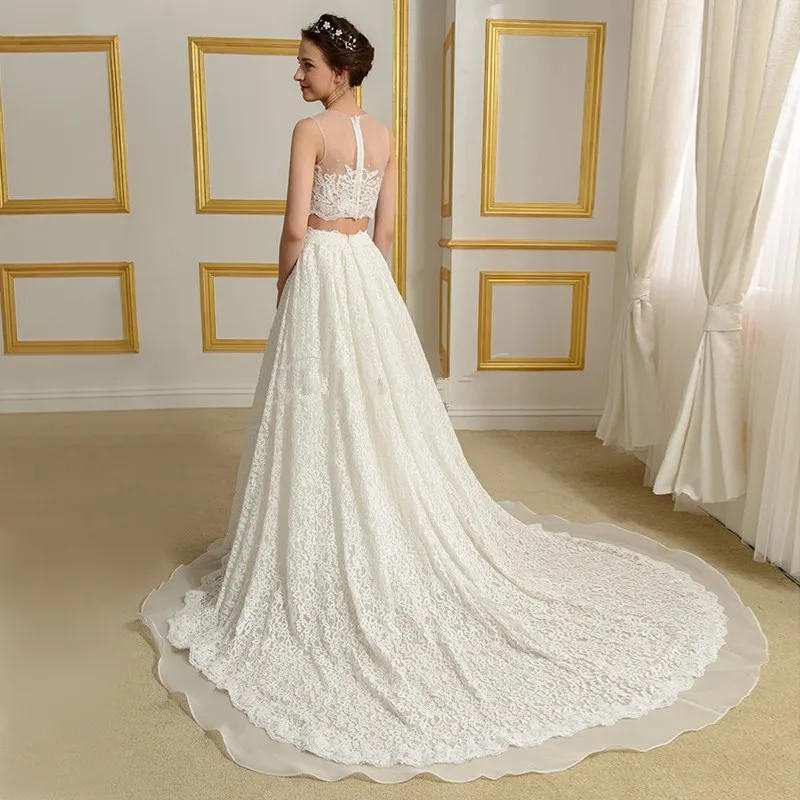 Элегантное платье vestido de noiva, два длинных кружева, бохо,, ТРАПЕЦИЕВИДНОЕ, круглый вырез, отделка бисером, молния, шлейф, свадебное платье, платья для подружек невесты