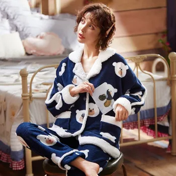 

Women Casual Sleepwear 2PCS Pajamas Suit Flannel Shirt&Pants Winter Warm Nightwear Coral Fleece Home Clothes Nightgown Pyjamas