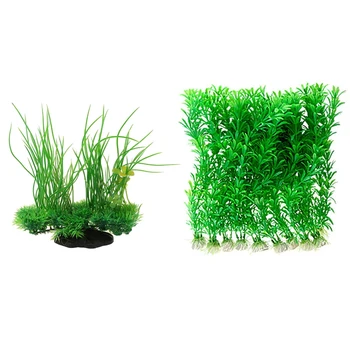 

11pcs Artificial Plants Aquarium Decoration Aquatic Plants Green - 1pcs 18X20X9.5cm & 10pcs Length 32cm