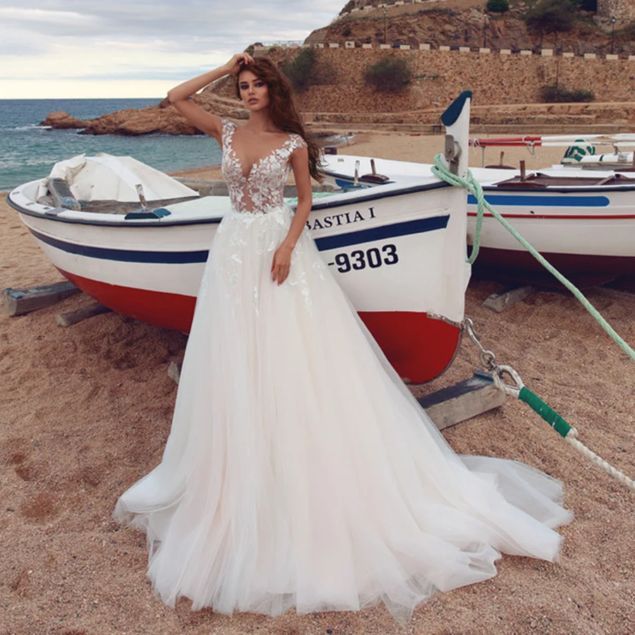 

ADLN Princess Wedding Dresses Sheer Neck Appliqued Flowers A-Line Tulle Backless Boho Wedding Gown Free Shipping Bride Dress