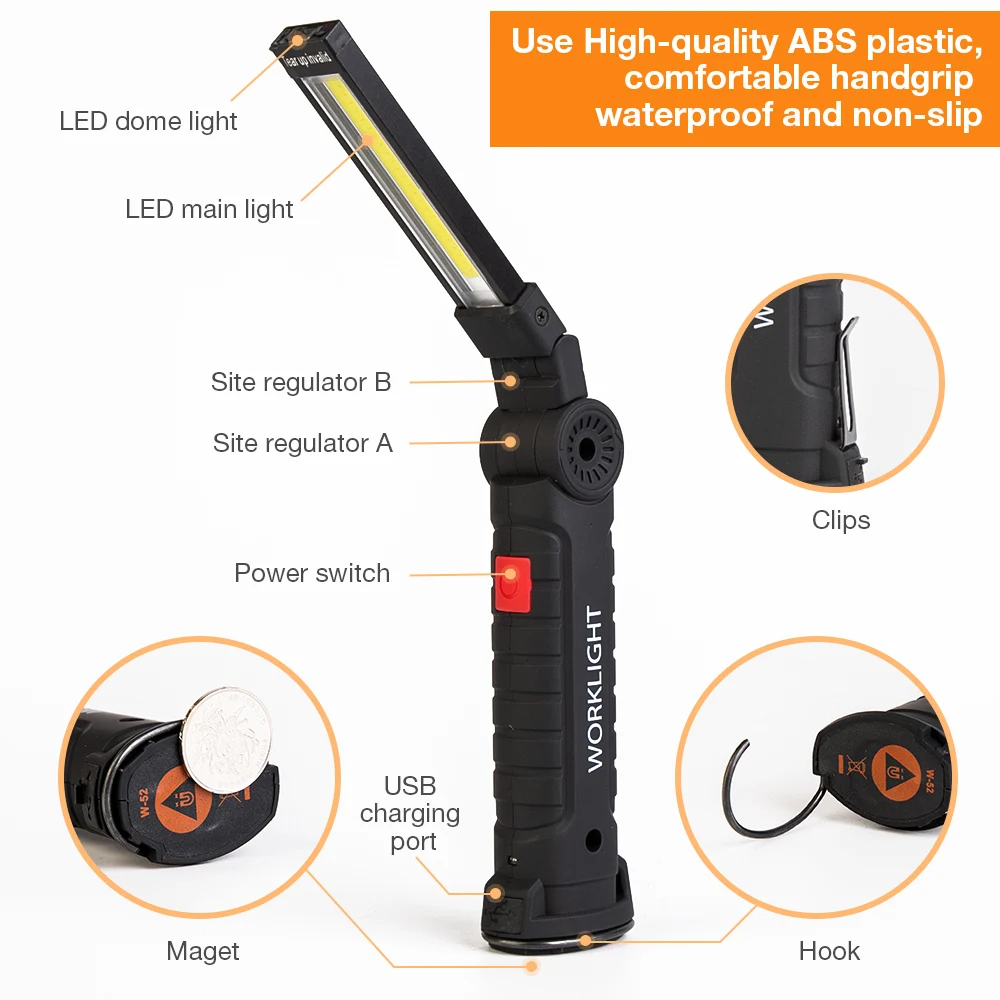Светодиодный светильник-вспышка с зарядкой от USB, 5 светильник, портативный Рабочий светильник, COB светодиодный Мощный контрольный светильник, уличный походный фонарь светильник