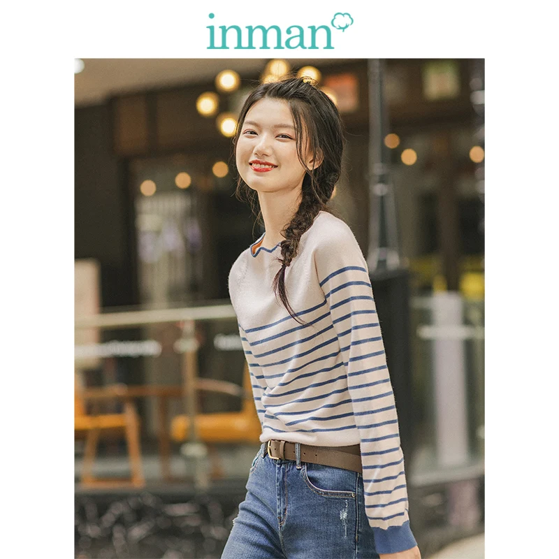 INMAN Spring Autumn Lace O-neck Minimalism All Matched Slim Literary Striped Women Pullover | Женская одежда
