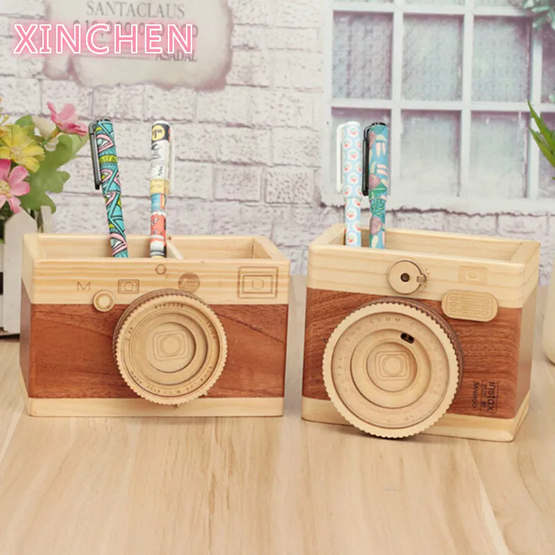

Retro Camera Double-layer Pen Holders Creative Desk Organizer Wooden Pen Pencil Case Holder Stand Learning Stationery Storage