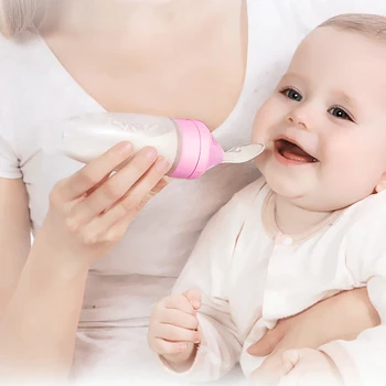 

90ml Safe Soft Scale Toddler Suction Cup Easy Clean Leakproof With Spoon Silicone Baby Feeding Bottle Squeeze Hands Free