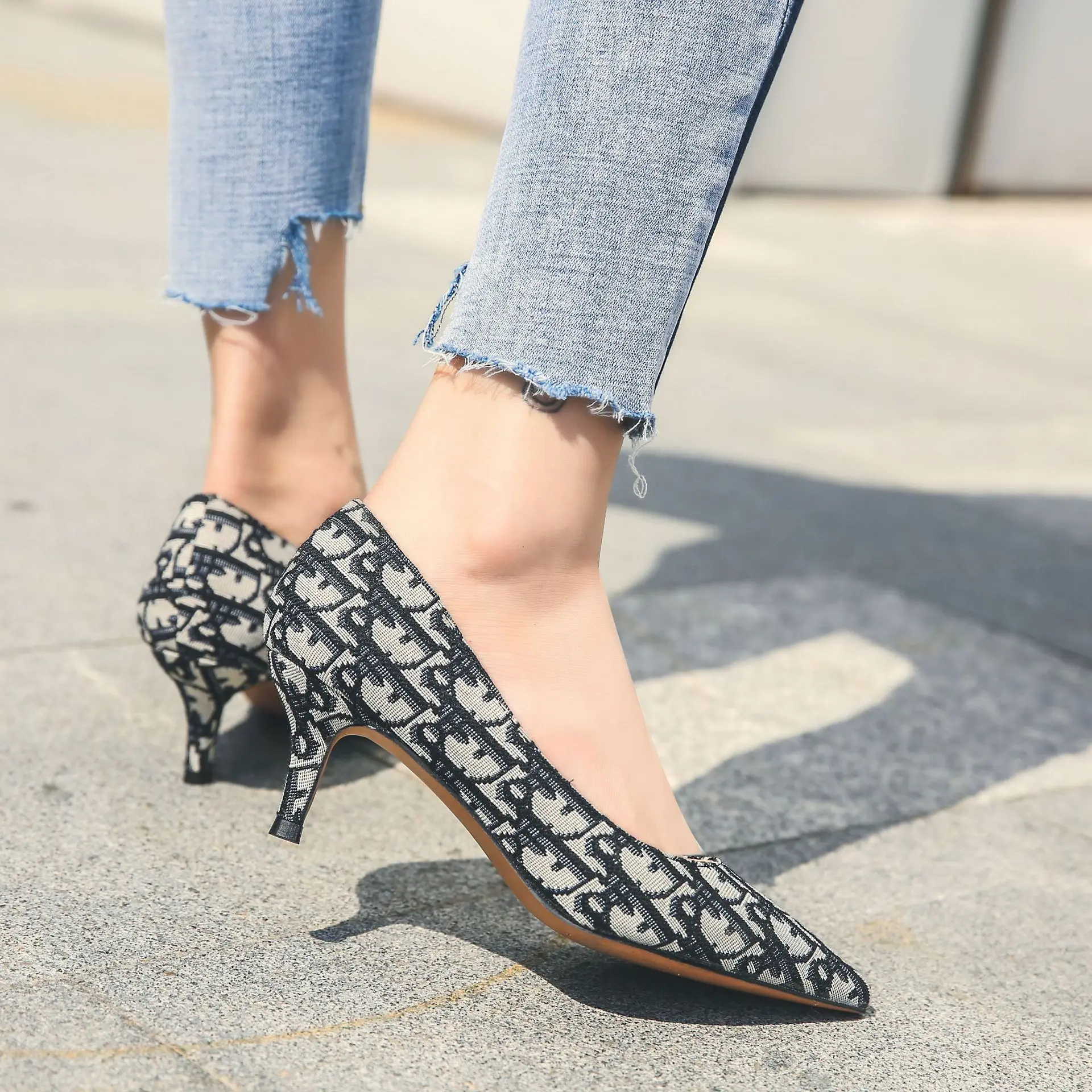 

2019 Spring New Style High Heel Shoes Decorative Pattern Flannel Fabric Low-Cut High Heels Office Workwear WOMEN'S Shoes
