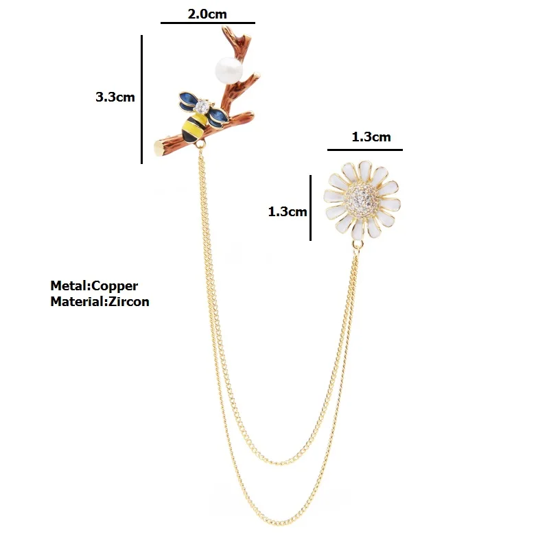 Wuli&baby Zircon Enamel Bee Daisy Flower Tassel Brooches Women Suits Shirt Collar Pins Gifts