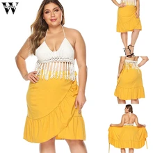 Новинка, летняя пляжная Женская юбка размера плюс, желтая, модная, сплошная, с оборками, нестандартная юбка, женская, свободная, бандажная, богемский Сарафан