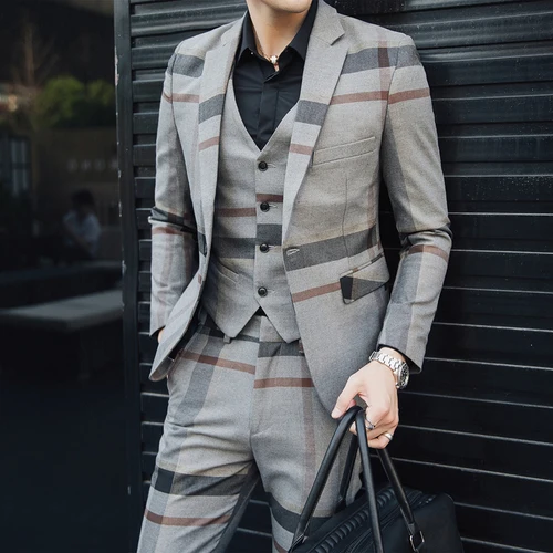 Модный клетчатый мужской костюм на заказ, смокинг для жениха, свадебный костюм из 3 предметов, мужской блейзер(пиджак+ брюки+ жилет - Цвет: gray