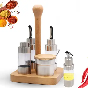 

5Pcs Wooden Holder Metal Cruet Condiment Spice Pepper Jar Box Seasoning Storage Container Pot Rack Set For Kitchen Cooking Tool