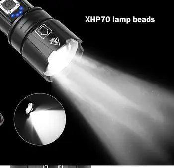 

Powerful Led Flashlight XHP70 5 Modes Dimming High Brightness 1300-1500 Lm USB Charging Tactical Flashlight Outdoor Light