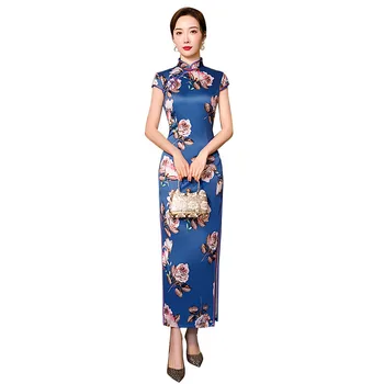 

Plus Size 3XL 4XL Oriental Design Print Women Cheongsam Elegant High Split Chinese Evening Dress Retro Stage Show Qipao