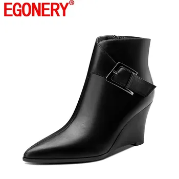 

EGONERY women fashion ankle boots good quality genuine leather pointed toe shoes 2020 winter style wedges ankle buckle booties
