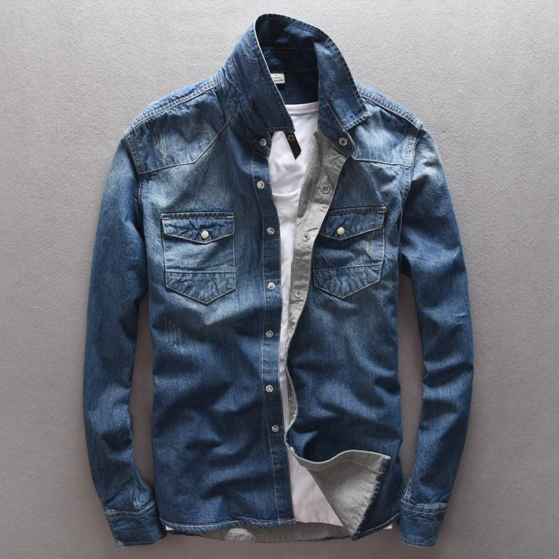 Navy blue Новинка осени, мужские повседневные джинсовые рубашки с длинным рукавом, Модные Винтажные ковбойские мужские однотонные тонкие хлопковые джинсы, рубашка Camiseta Masculina - Цвет: Navy blue