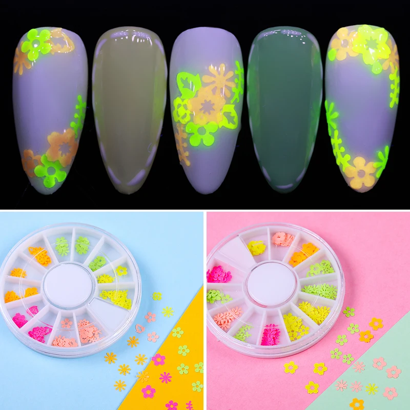 

1 Box Fluorescent Neon 3D Nail Decorations in Wheel Mixed Size Hollow Flower Heart Pattern Sequins Rhinestones DIY Nail Art Tips