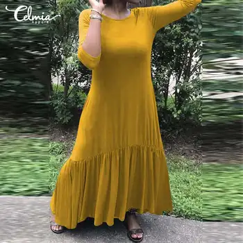

Celmia Fashion Shirt Dress 2020 Women O-neck Ruffles Long Maxi Dresses Casual Solid Bodycon Party Vestidos Plus Size Robe Femme