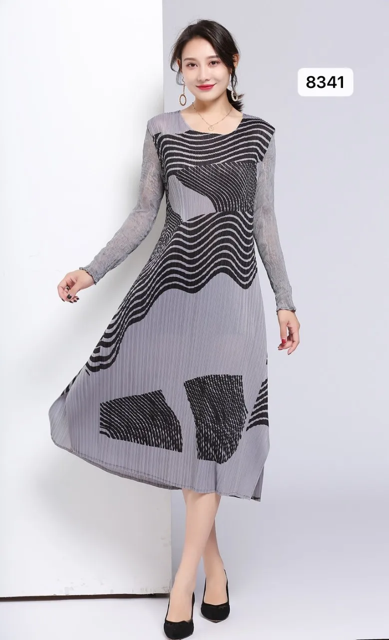 

HOT SELLING Miyake Fold geometric print o-neck long sleeve big A-Line dress IN STOCK