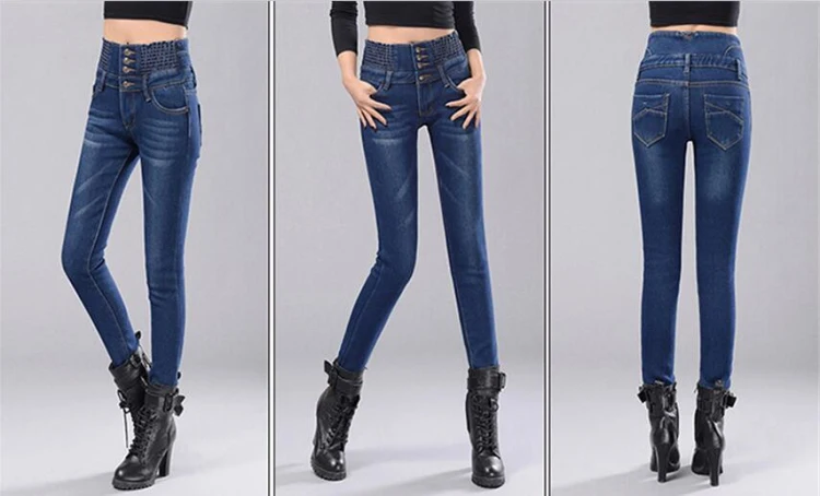 Обтягивающие штаны с высокой талией, женские зимние джинсы с эластичной резинкой на талии, повседневные джинсы больших размеров для женщин, теплые джинсы