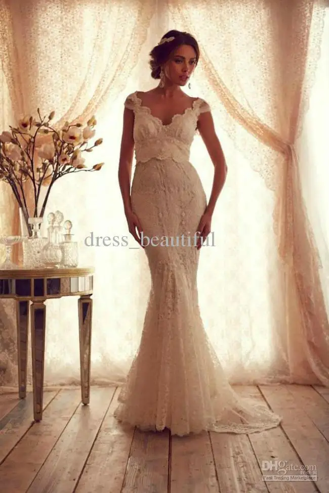 

Mermaid Trumpet Portrait Sleeve V-Neck line Floor Length Sweep Train Sheer Straps Applique Zipper Lace Ivory Wedding Dresses