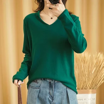 

Fashion Ladies spring and autumn V-neck long-sleeved knitted T-shirt
