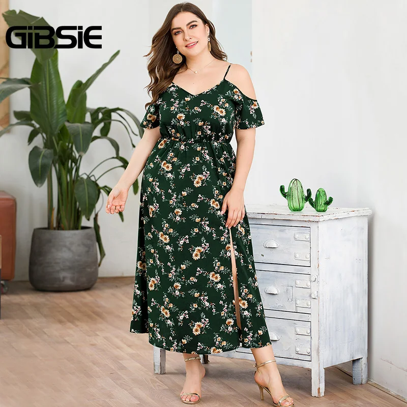 

GIBSIE Plus Size Boho V-Neck Cold Shoulder High Waist Split Long Dress Summer Beach Style Women Holiday Floral Print Dress