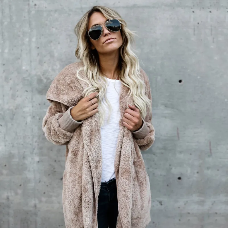 low cost  Winter Faux Fur Coats And Jackets Women Fashion Hooded Solid long Cardigan Casual Female Jackets Pl