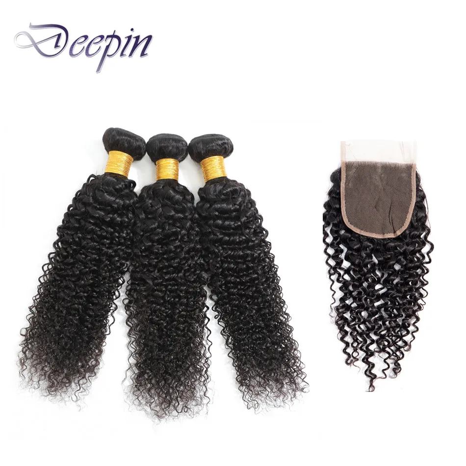 Deepin-pelo rizado peruano mechones con cierre para mujeres negras cabello humano, 3 mechones con cierre, extensiones de cabello humano
