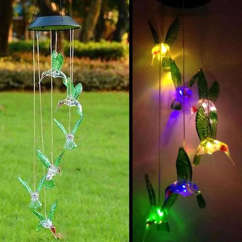 Wind Chimes Color Changing LED Solar Lamp Home Garden Solar Decor Outdoor Party Hummingbird Hanging Decoration Lamp
