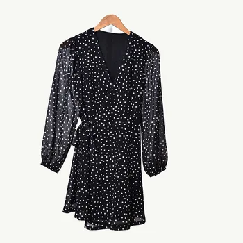 

Women V Neck Dot Print Dress Lace Up Long Sleeve Elegant Mini Dress New