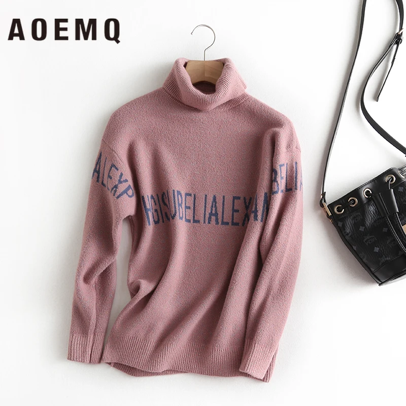 

AOEMQ Fashion Pullovers 3 Colors Embroidery Letter Print Sweaters Turtlenck Winter Thick Christmas Sweaters Present Clothing
