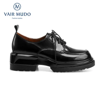 

VAIR MUDO Women Pumps Shoes Leisure Thick Heel Black Patent Leather White Lace Up Square heel punk Shoe Women Spring Autumn D99L