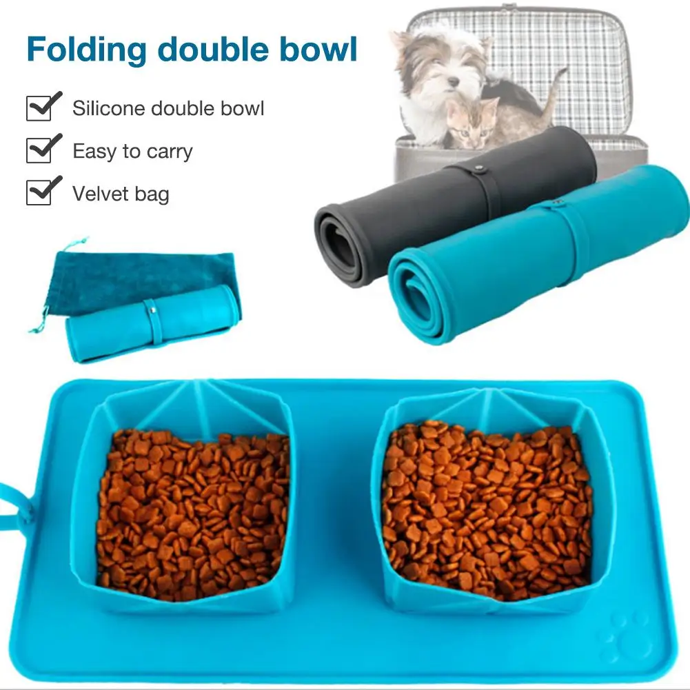 2PCS Pet Dog Cat Drink Water Food Mat Foldable Easy To Store Silicone Mat Dog Feeding Double Bowl Carpet