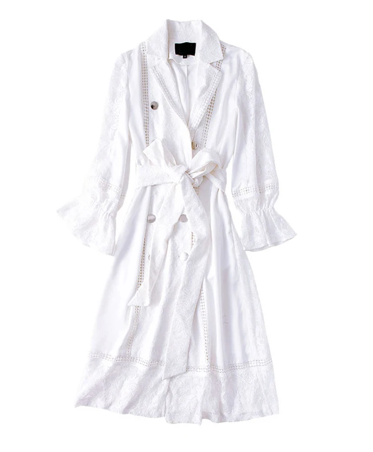 AELESEEN, новая мода, подиум, х-длинный Тренч, женское элегантное белое пальто, роскошное, кружевное, с вырезами, с расклешенными рукавами, двубортный топ