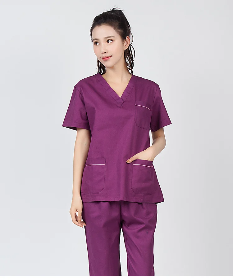 Летний женский больничный медицинский скраб, комплект одежды, модный дизайн в обтяжку стоматологические халаты, салон красоты, мужская униформа медсестры - Цвет: Фиолетовый