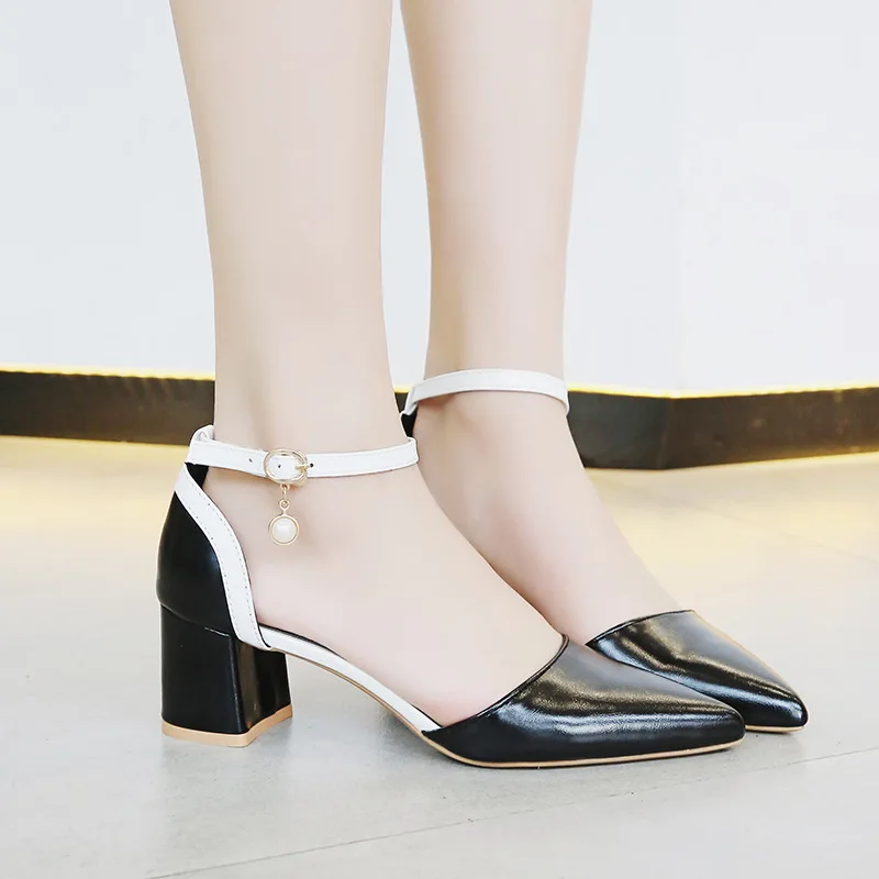 

2019 Spring And Summer New Style WOMEN'S Shoes A- line with Pointed-Toe Square Heel Chunky-Heel Sandals Women High Heels Black A